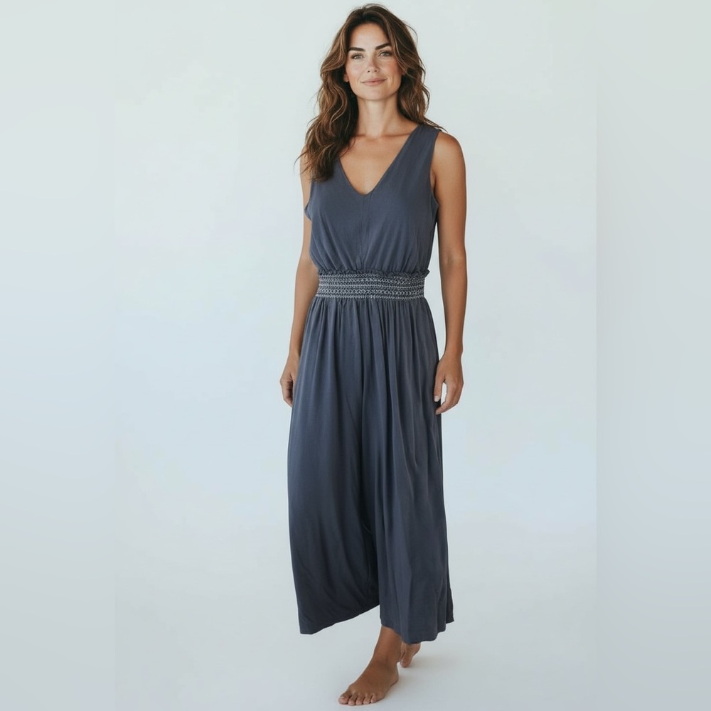 Japna Slate Blue Wide Leg Jumpsuit Smocked Waist Size L